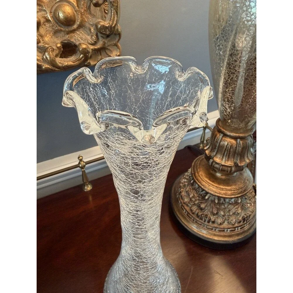 Vintage Crackle Glass Vase by Alwe Ruffled Top 11.75